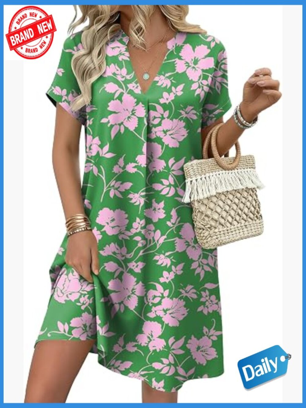 Shift Dress with Pockets Short Sleeve V Neck Casual Mini